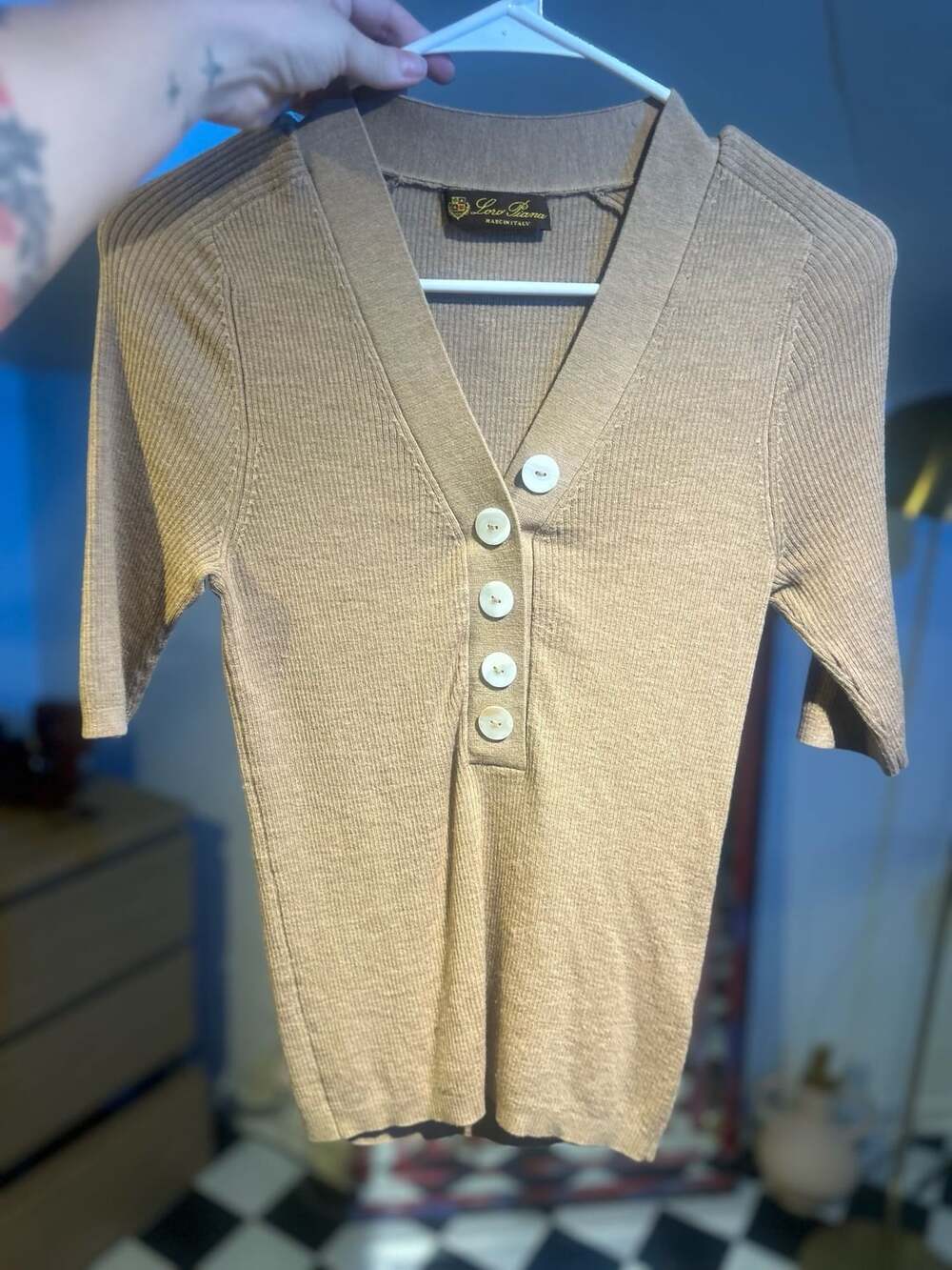 Loro Piana Ribbed Knit Henley Top Made in Italy Brown